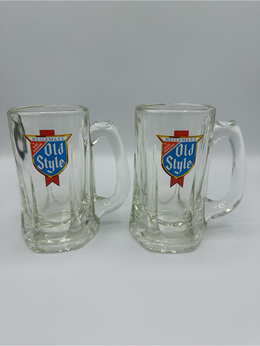 Set Of 2 Vintage Old Style Beer Mug Heileman's Heavy Glass Mugs Retro Glasses